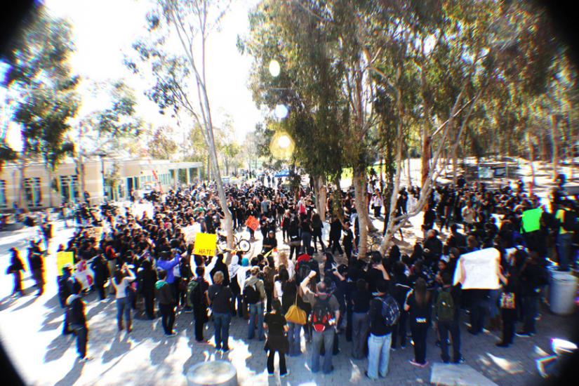 Students marched and rallied on the UC San Diego campus after walking out of an administration-sponsored teach-in