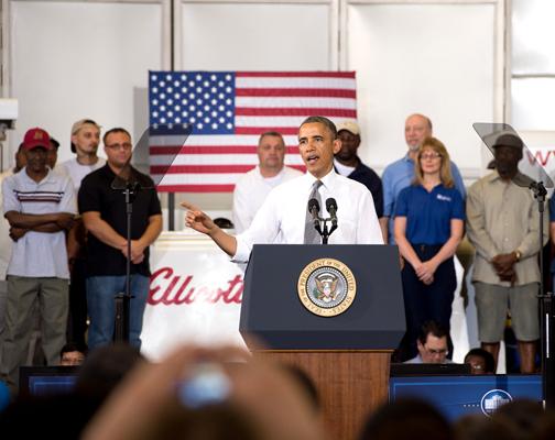 President Obama promotes his jobs program at a manufacturing plant in Maryland