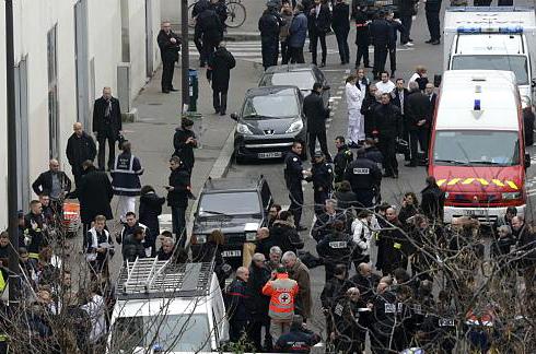 Police surrounding the Paris offices of Charlie Hebdo following the mass shootings