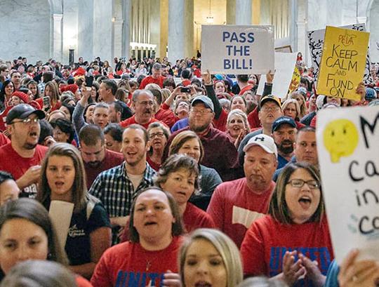 West Virginia teachers crowd into the State Capitol rotunda