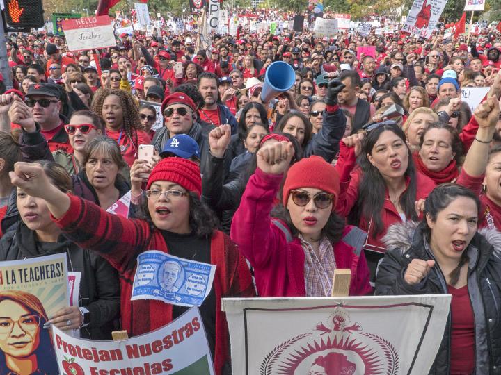 Striking teachers rally in front of City Hall in Los Angeles