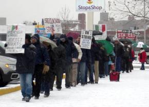 Stella D'oro strikers demonstrate in front of a Bronx store to call on shoppers to boycott Stella products