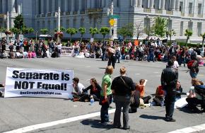 Protesters take over an intersection in San Francisco after the California Supreme Court announces it is upholding Prop 8