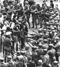 Students face down National Guard troops during the battle for People's Park in Berkeley