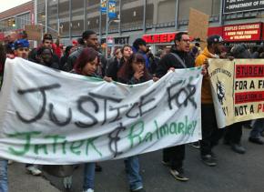 Demonstrators against police violence wound their way through a busy Bronx shopping area