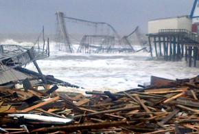 The storm surge from Hurricane Sandy washes over debris in Atlantic City