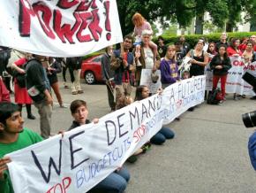 Students sit in against budget cuts in Raleigh