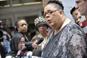 CTU President Karen Lewis speaks to demonstrators outside the offices of Chicago Public Schools