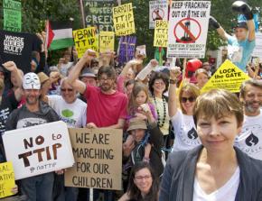 Caroline Lucas of the Greens at a protest against TTIP trade deal