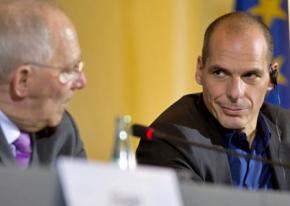 Finance Minister Yanis Varoufakis (right) during the Eurogroup negotiations