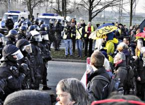 Demonstrators face off against police at the Blockupy demonstration in Frankfurt