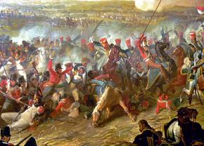A painting depicting a cavalry charge of British troops against French soldiers during the Battle of Waterloo