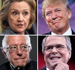 Clockwise from top left: Hillary Clinton, Donald Trump, Jeb Bush and Bernie Sanders