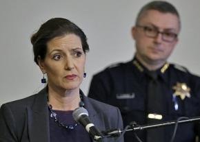 Oakland Mayor Libby Schaff speaks while former Police Chief Sean Whent looks on