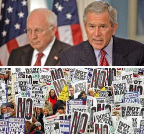 Above, left to right: Dick Cheney and George W. Bush; below, demonstrating against the invasion of Iraq