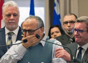 Mohamed Labibi, president of the Quebec Islamic Cultural Center, stricken with grief during a press conference