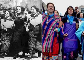 Left: On the march during the Uprising of the 20,000 in 1909; right: at the Women's March in New York City in 2017
