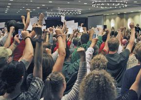 Activists from around the country at an evening plenary of the annual Socialism conference