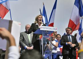 Marine Le Pen addresses a rally of the National Front