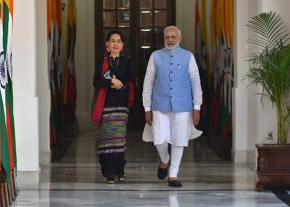 Aung San Suu Kyi of Myanmar (left) with India's right-wing Prime Minister Narendra Modi