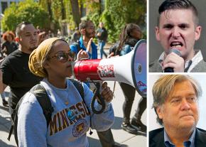 Clockwise from left: A campus protest against bigotry in Minnesota; Richard Spencer; Stephen Bannon