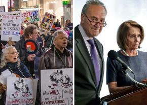 From left: Protesting the Republican tax-cut heist in New York; Chuck Schumer and Nancy Pelosi