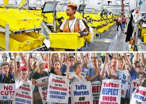 Top: Inside an Amazon warehouse; bottom: Nurses on strike at Tufts Medical Center