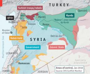 Map of Syria after Turkey's invasion of Afrin