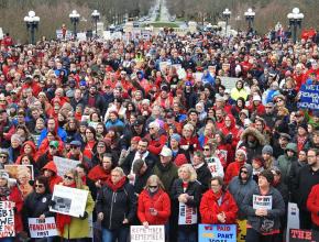Kentucky teachers rally outside the Capitol building in Frankfort