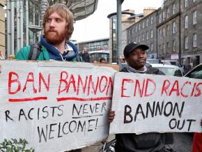 Protesters rally against Steven Bannon at the Oxford Union